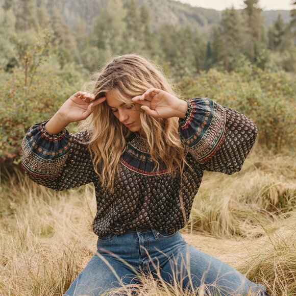 Doen Tops - Doen Manzanita Blouse Size Medium 100% Silk Navy Blue Black Top Boho